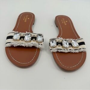 Kate Spade Wood Slides Slip On Sandal Size 7.5 Canvas Rhinestone Black White